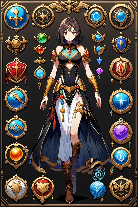 Clergy presentation, Female character design sheet for video games with detailed accessories, Boots, Multiple icons, fantasy dancer dress, Ball gown, A button that allows you to customize your character as you wish., sphere,(Game Icon),Medal Icon,Role-play...