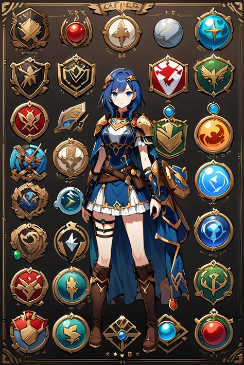 Framed Presentation of a catcher, Female character design sheet for video games with detailed accessories, long boots, Multiple icons, And fantasy costumes,mini skirt,catcher, Ball gown, A button that allows you to customize your character as you wish., sp...