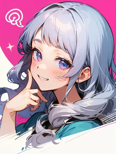 sideview,(looking at viewer),solo, close up cute face:0.9, silver curly wavy long hair, bangs, いじわるなgrin,(hand over own mouth),プライド、 pink parca, (manga), (illustration), (line),sketch