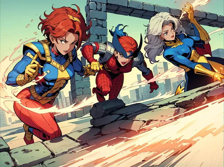 Three detailed miniature superhero figurines are displayed on an outstretched hand. The first figure is dressed in a blue and red suit with gold accents and has a golden headpiece. The central figure is armored in metallic silver with a weapon. The third f...