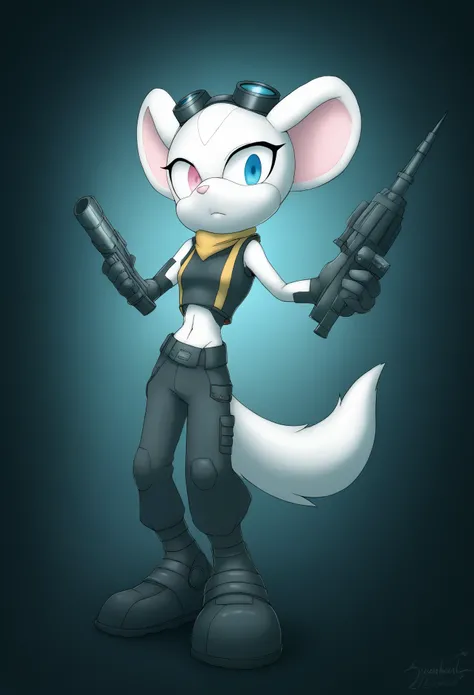 female, albino, mobian, mouse, short stature, heterochromia, blue eyes, pink eyes, white fur, fluffy tail, mechanic, midriff, form-fitting clothing, goggles on forehead, plasma rifle, tinkering, engineer, sci-fi