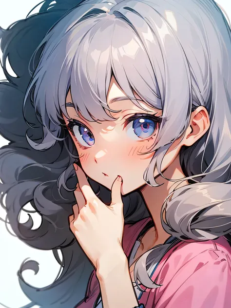 sideview,(looking at viewer),solo, upperbody,close up cute face:0.9, silver curly wavy long hair, bangs,(hand over own mouth),プライド、 pink parca, (manga), (illustration), (line),sketch