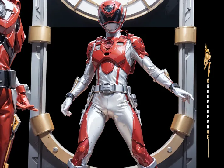 1boy, full body, Illustration, cinematic light, high resolution, best quality, ultra detailed, masterpiece, power suit, powerranger, suit, spd, (Silver and Gold chestplate), red and gold detail, (((white suit))),