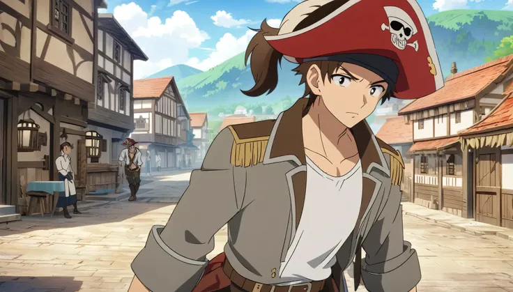 Best Quality, anime style, male, boy, handsome, brown hair, black eye, Red pirate hat, grey Jacket, white shirt, Leather belt, Village day background, anime