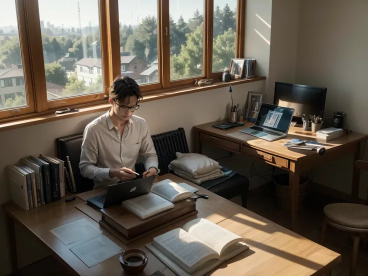 A man in his room, studying on the computer and notebooks, with a cup of coffee on the table, in front a large window, Morning sun, organized and relaxing environment, lit incense