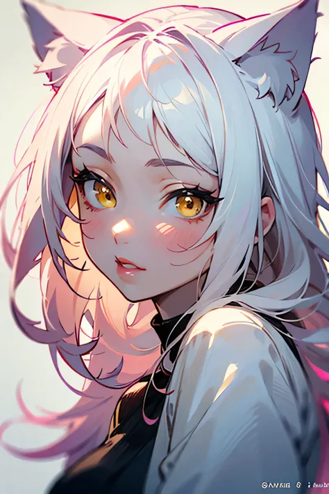 Extremely beautiful girl with white hair, yellow eyes, cat ears, white skin, full pink lips, rosy cheeks, face looking forward, wearing casual clothes, does not have bad anatomy, loose hair. Anime