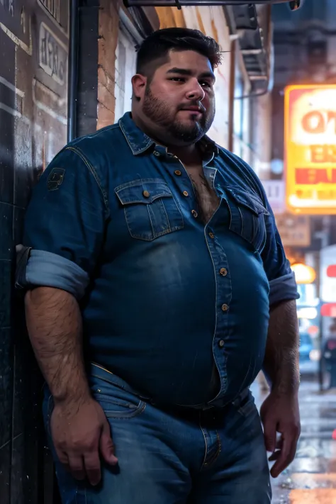 (8k. hyper-realistic. high definition) handsome chubby guy. Caucasian, scruffy face. fat, wearing dark denim jacket and jeans, orange buttoned shirt underneath, big tummy, buffed, muscles, chubby face, hairy arms, thick eyebrows, medium-length hair, editor...