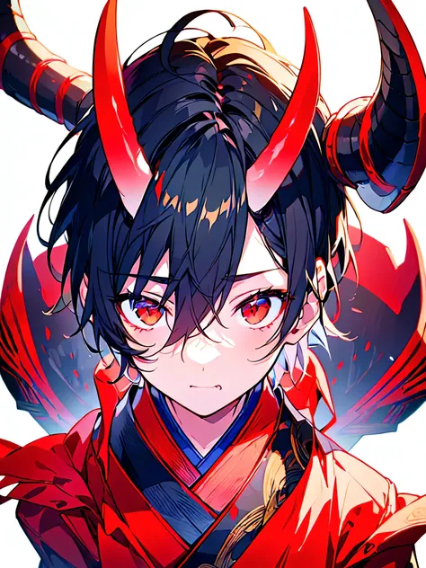 [(WHITE BACKGROUND:1.5),::5], ((((masterpiece)))), high quality, ultra very high resolution, full color, abyss, ((1 boy)), shota, oni, looking at viewer, mens short hair, hair covering eyes, black hair, red eyes, japanese clothes, with a scar, with horns, ...