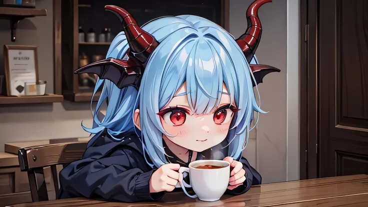 a cute adorable dragon born eating coffee with red eyes blue hairs