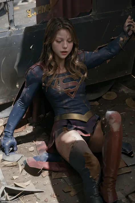 a photorealistic shoot from the feet of Supergirl, Melissa Benoist as supergirl, laying on her back on the ground, crucifixion, unconscious, eyes close, wound from fighting, (tattered:1.4) laying down on your back, lie down, lying dead, wound, (shoot from ...