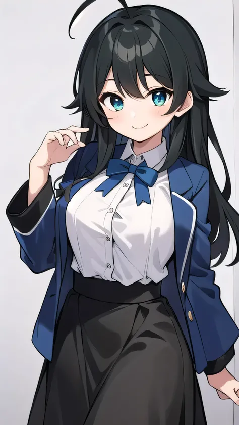 Junior high school student who looks like an elementary school student, , very short, 140 cm tall, black hair with a slight green tinge, short ahoge, beautiful long hair but with a little hair sticking out, beautiful round eyes, blue eyes, smile, boyish, l...