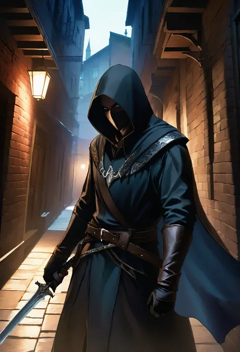 a skilled assassin, dark hooded cloak, sharp detailed dagger, weathered leather gloves, stealthy movements, dimly lit alley, dramatic chiaroscuro lighting, moody atmosphere, cinematic composition, hyper-realistic, award-winning digital art, dramatic shadow...