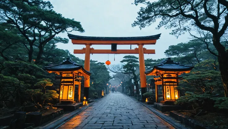 fox、美しい着物を着たfox型アンドロイドが京都の神社を闊歩するイメージを制作か。The style is also terrible.、foxと人間とrobotの融合は美しさの中に神秘的でSpooky atmosphereがある。Torii gate in the background、There is a shrine in Kyoto。機械でできたLong neckを持ち、Wearing a mask。Imagine a strange and creepy picture - Al 9:16。 S...