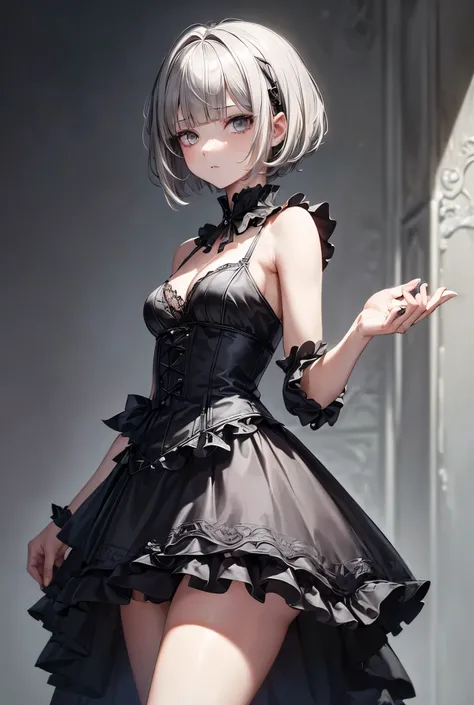 (masterpiece,best quality:1.4),1woman,1,solo,(short hair,shaggy cut,blunt bangs,grey hair),((grey eyes)),eye shadow,(small breasts),(black gothic dress,黒パンスト,skirt,細い足,黒パンスト