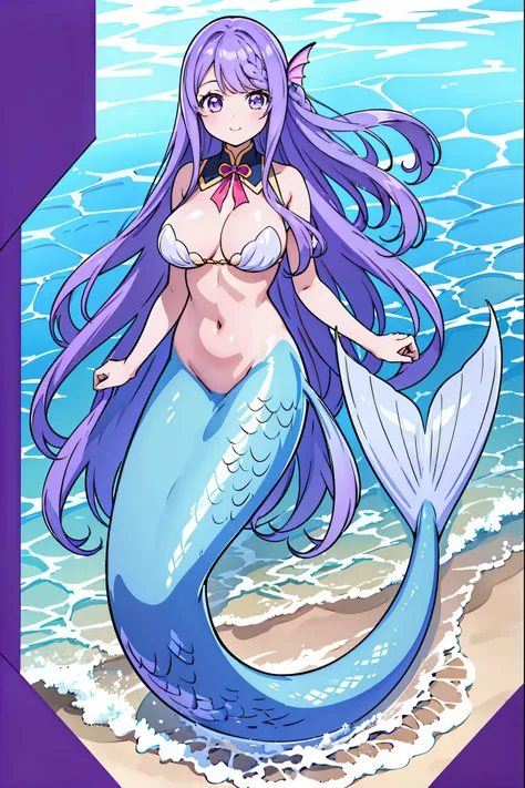 masterpiece, best quality,1girl, light purple hair, long hair,Large Breasts,独奏,Mermaid,蓝色的Mermaid尾巴,full-body shot,beach,Sea view,Smile