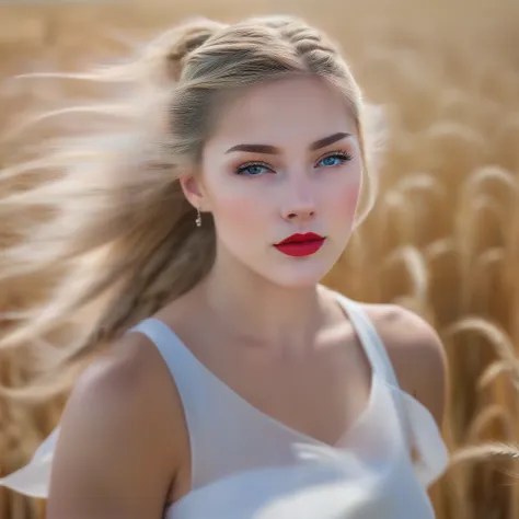 a young country girl standing in a wheat field, looking at the viewer from the side, with long blonde hair in a ponytail, beauti...