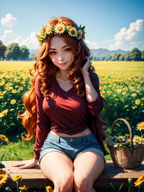 (girl:1.2),alone, (ginger long curly hair:1.1), brown eyes, Wearing a daisy wreath on your head, Sit in a daisy field, (fruit basket:1.1), blue shorts, red shirt,,raw,photographic,photo shadows,actual,Ridiculous,Aesthetic,elegant

, seductive smile, inviti...