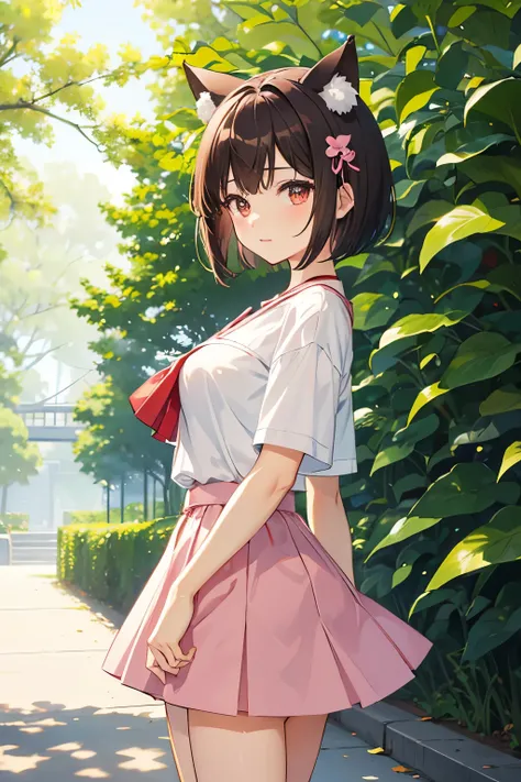 A cute anime-style girl with cat ears, short bob-cut brown hair, and large red-cherry eyes. She is wearing a casual outfit with a white shirt and a short skirt, and her expression is cheerful and playful. The background is a soft, pastel-colored scene with...