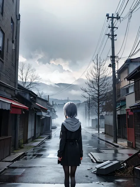 Gray, Foggy world、Remains、girl、dim、The end of the world、Sad landscape、Rear view