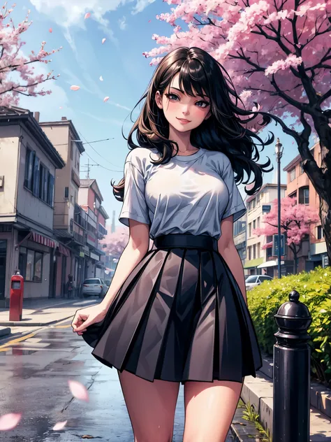 1 girl, black skirt, branch, architecture, Cherry blossoms, fence, long hair, outdoor, petal, pleated skirt, rain, shirt, short sleeves, skirt, alone, permanent, Tree,
Sky,sTreet
, seductive smile, inviting expression, suggestive