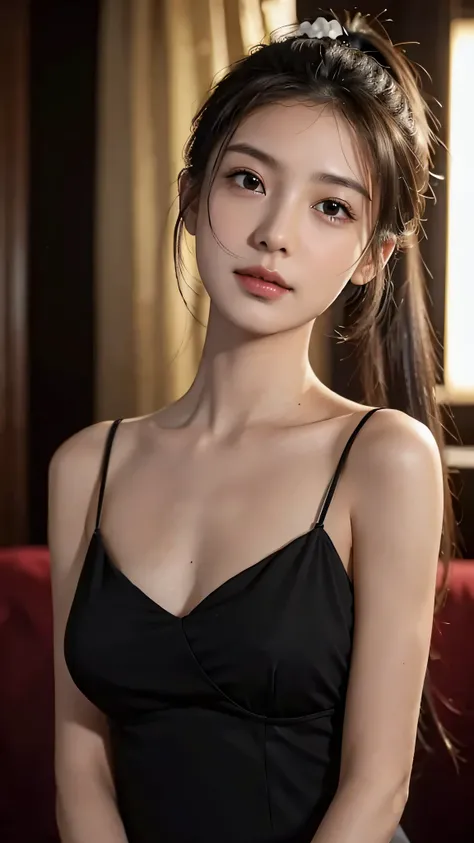 body shot,Commercials for luxury cosmetics style,Commercial filming studio,The background is all Black,long expensive black dress,Body in front,masutepiece, The highest image quality, High quality, the background is clear,Beautiful woman, Japanese, Detaile...