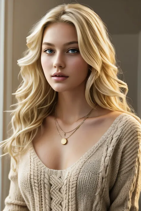 1 girl in, age 19, One, long wavy hair, Colossal , I look at the viewer, blonde hair,  Brown eyes, jewelry, whole body, NECKLACE, half-open shoulders, Light-colored sweater, realistic, sexual