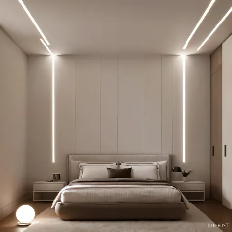 A minimalistic modern bedroom with a sleek and elegant design. The room features a plush bed with neatly arranged pillows and neutral-colored bedding. Soft white accent lighting lines the walls and ceiling, creating a calming and sophisticated ambiance. Th...