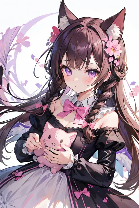 1girl, naked, animal ears, purple eyes, brown hair, wings, solo, long hair, blush, cat ears, flowers, looking at viewer, braids, bows, dresses, pink flowers, bows, hair accessories, bangs, cats, hair flower, animal ear hair, holding, virtual youtuber, blue...