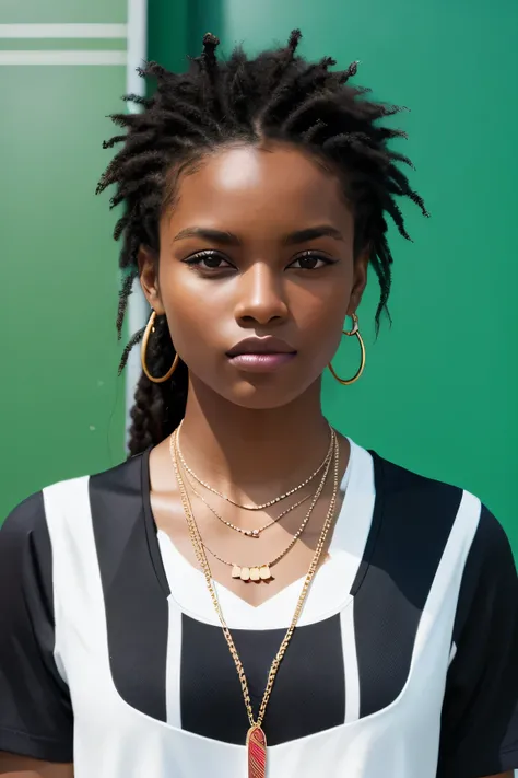 A black model wearing a tennis necklace，Need to highlight the necklace