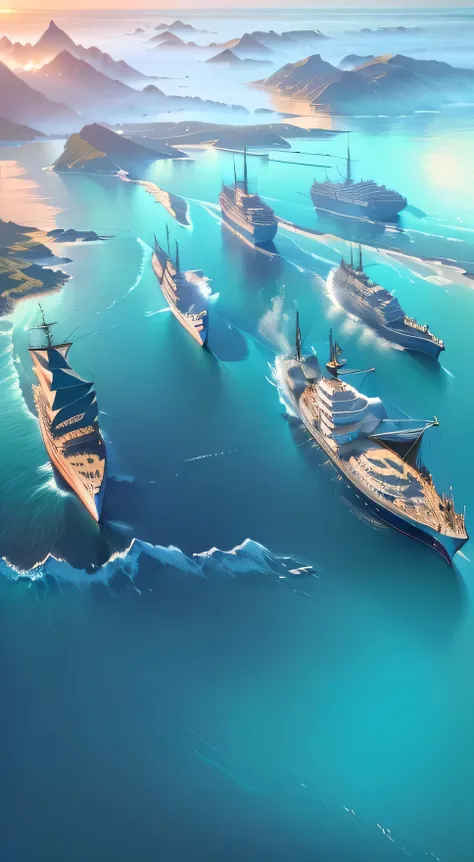 a fleet of ships sailing in the lush, azure waters near an island with rolling hills, a vibrant and serene seascape bathed in soft sunlight, highlighting the sleek design of the vessels, some ships emitting wisps of smoke as they glide through the calm wav...