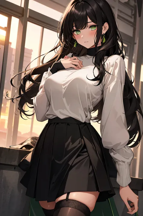 (top quality, masterpiece, high quality, ultra-delicate), ((beautiful girl)), ((Dark black hair)), mature, graceful curves, (long hair, long bangs), ((bright green eyes)), detailed eyes, modern clothing, bangs, fashionable clothing, black collar, ((White T...