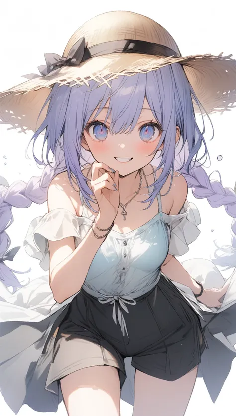 {{masterpiece}}, The best quality of life, 超High resolution,   High resolution, Highest quality, 4K, 8k,Attention to detail、Lilac color hair,Low Pigtails、hair ribbon、One Woman、Small breasts,Braided Bun（Persian Blue Eyes,Perfect Eyes）((White background))、Bl...