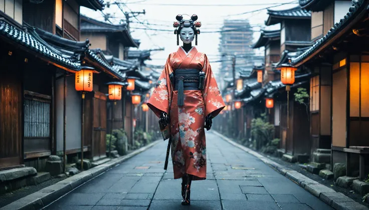 Creating an image of a female android in a beautiful kimono walking through the streets of Kyoto. The style is terrible, and the fusion of humans and robots has a mysterious and creepy atmosphere amidst the beauty. In the background is an old Japanese city...