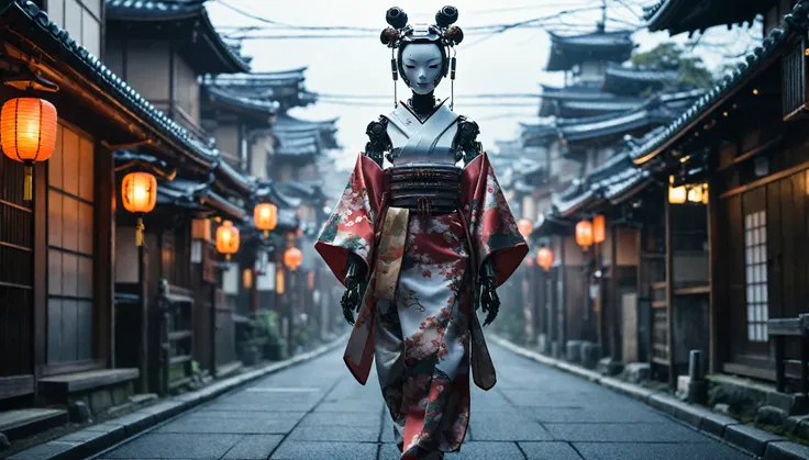 Creating an image of a female android in a beautiful kimono walking through the streets of Kyoto. The style is terrible, and the fusion of humans and robots has a mysterious and creepy atmosphere amidst the beauty. In the background is an old Japanese city...