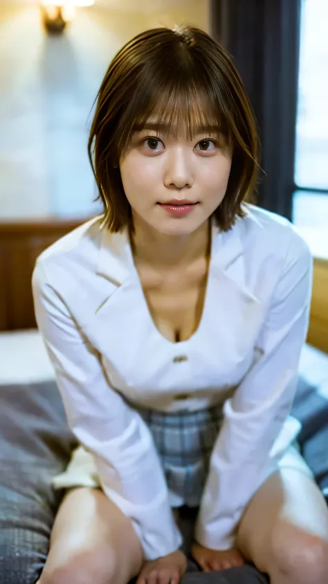 (masterpiece, Highest quality, 8k, RAW Photos, beautifully、beautiful:1.2), Intricate details, indirect lighting, Realistic, whole body, Sitting on the bed in the hotel、White blouse、I can see her cleavage、Tight Skirt、Gazing at the audience、short hair、Voyeur...