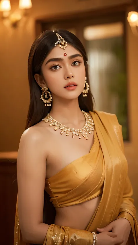 Mrunal Thakur (Indian actress) in 2, perfect age, ultra realistic face, long blondie hair:1.3,  in waterfall, wore a sexy and revealing traditional Indian saree suite, 4k resolutionfull lips, detailed background, depth of field, volumetric lighting, sharp ...