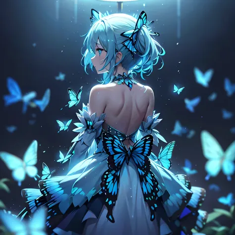 many blue butterflies flying in the background、neon lights