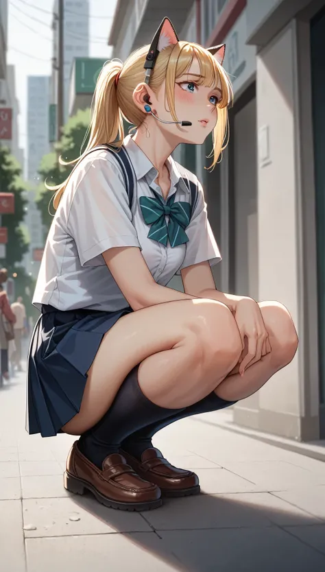 Beautiful girl Squatting in street, High resolution, Ponytail, chest, Blushing, Blonde, Cat ear, Blurred, earphone, school uniform, (full body shot:1.2), (From below:1.1)