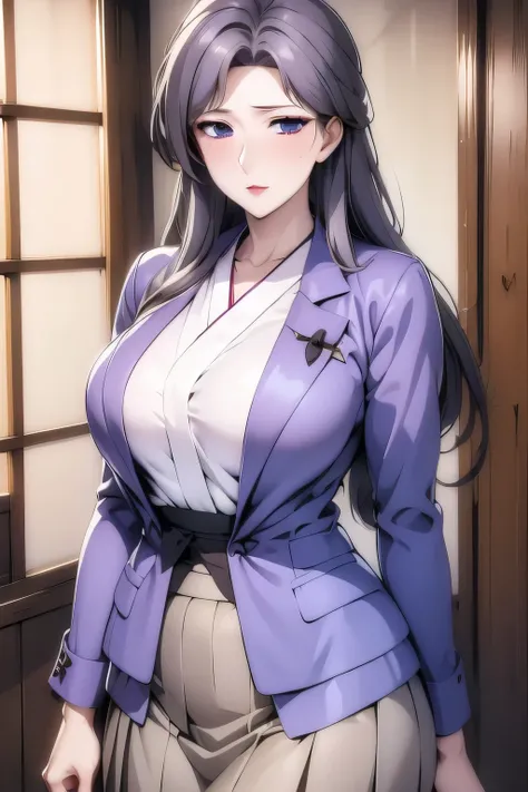 fujino ninno, light_taupe hair,wearing a lavender suit, skirt, white blouse,high quality,4k,