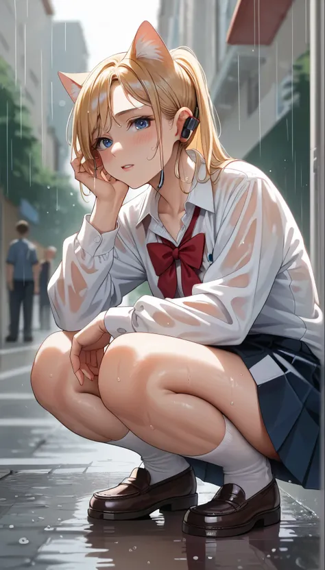 Beautiful girl Squatting in street, High resolution, Ponytail, chest, Blushing, Blonde, Cat ear, Blurred, earphone, Wet school uniform, (full body shot:1.2), (From below:1.1), rainy day,