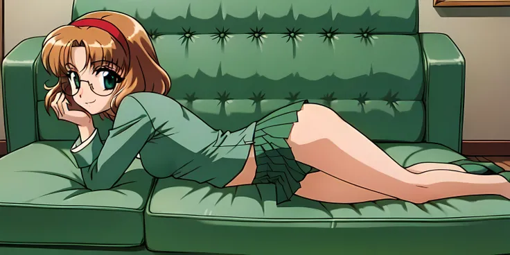 fuu hououji, (4k portrait), masterpiece, best quality,looking at viewer, 1girl,short hair,light brown hair,Glasses,((red hairband)),green blazer,(mini skirt:1.4),(green high heels:1.4), smile,masterpiece,Noise Reduction,perfect anatomy,high resolution, ult...