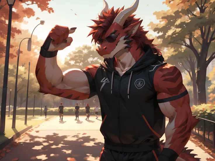 Masterpiece, Solo, (Red dragon, pitch black glasses covering eyes, Medium red hair, Medium facial red hair A Pair of white horns) Muscular Body, Handsome, Good Looking, Adult, Fierce, Smirking, gym outfit, park background