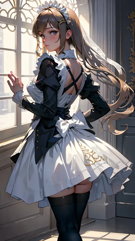 best qualtiy,8k,Best quality,(the detail:1.4),The picture is clear,a close up of a woman in a dress and stockings, anime girl in a maid costume, gorgeous maid, Maid outfit,One poses for a photo in a maid costume,is an anime character who wears a maid costu...