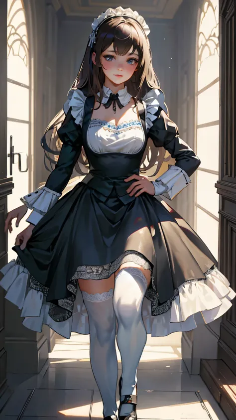 best qualtiy,8k,Best quality,(the detail:1.4),The picture is clear,a close up of a woman in a dress and stockings, anime girl in a maid costume, gorgeous maid, Maid outfit,One poses for a photo in a maid costume,is an anime character who wears a maid costu...