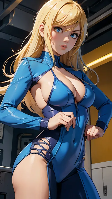 Samus aran, busty, topless, Blonde, blue suit, bikini, guns 