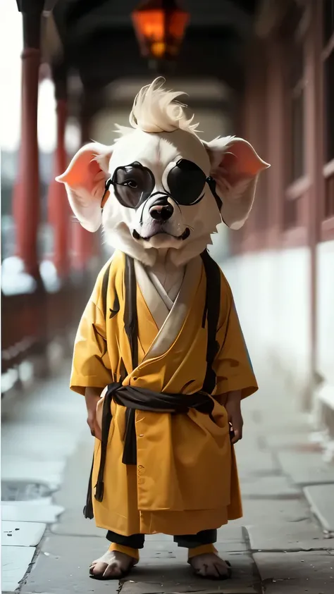 Wearing a robe，Black decoration, #13: Straight Sandy Blonde Hair, Animal ears, Standing posture, Interior corridor scene, Soft and even lighting, Traditional architectural elements in the background, A slightly blurred background, Warm atmosphere