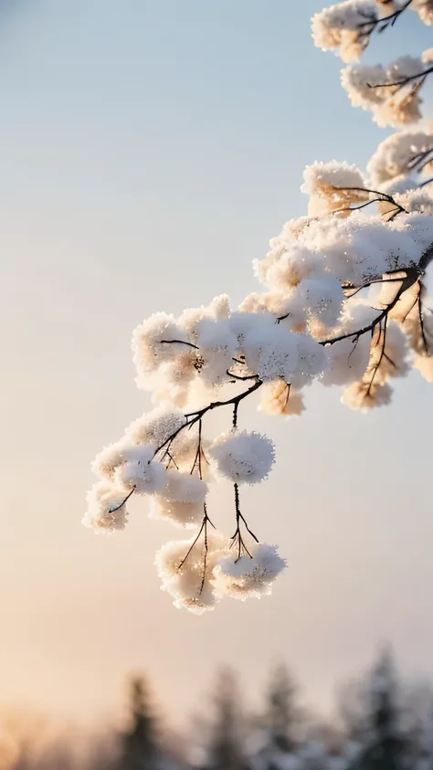 Frost covered，A branch, close up, outdoor, Natural Lighting, Light on the left, winter, Cold atmosphere, Soft shadows, lightly blurry, Peaceful Mood, Blurred background, Focus on cream details, Soft tones， Cold atmosphere,，Emphasize the elegance of frost f...