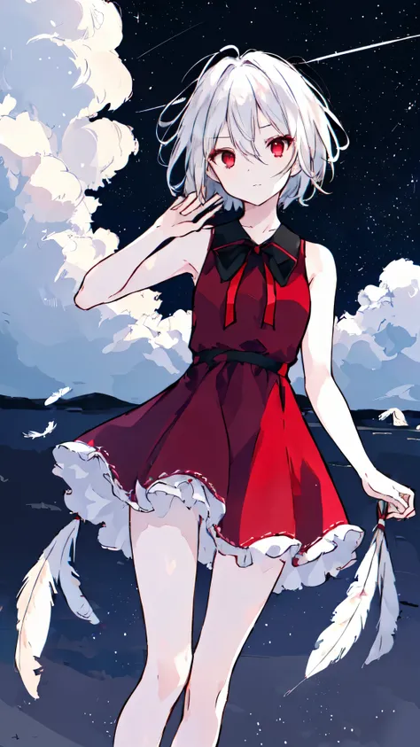 1girl, solo, dress, feathers, sky, red eyes, red dress, sleeveless dress, outdoors, hair between eyes, bangs, sleeveless, ribbon, night, night sky, short hair, bare shoulders, star (sky), cloud, starry sky, closed mouth, hand up, white hair, looking at vie...