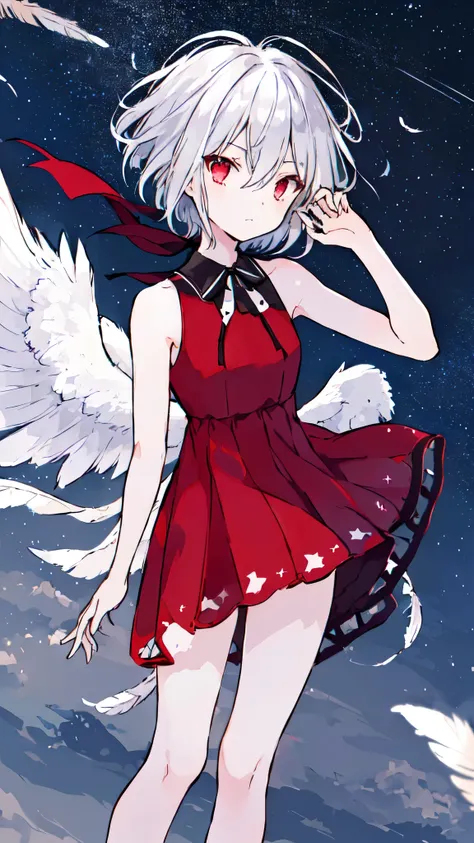 1girl, solo, dress, feathers, sky, red eyes, red dress, sleeveless dress, outdoors, hair between eyes, bangs, sleeveless, ribbon, night, night sky, short hair, bare shoulders, star (sky), cloud, starry sky, closed mouth, hand up, white hair, looking at vie...