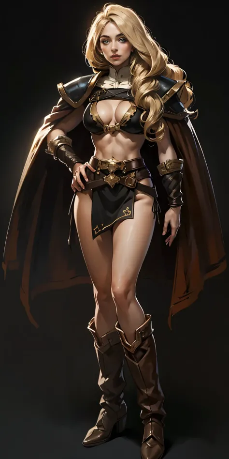 (masterpiece, best quality) (black background) full body standind straight symmetrical, FEMALE warrior princess Mercedez Von Martritz, twin big belt around waist, long curly blonde hair, very white skin, female wearing full body bikini armor with red cape,...